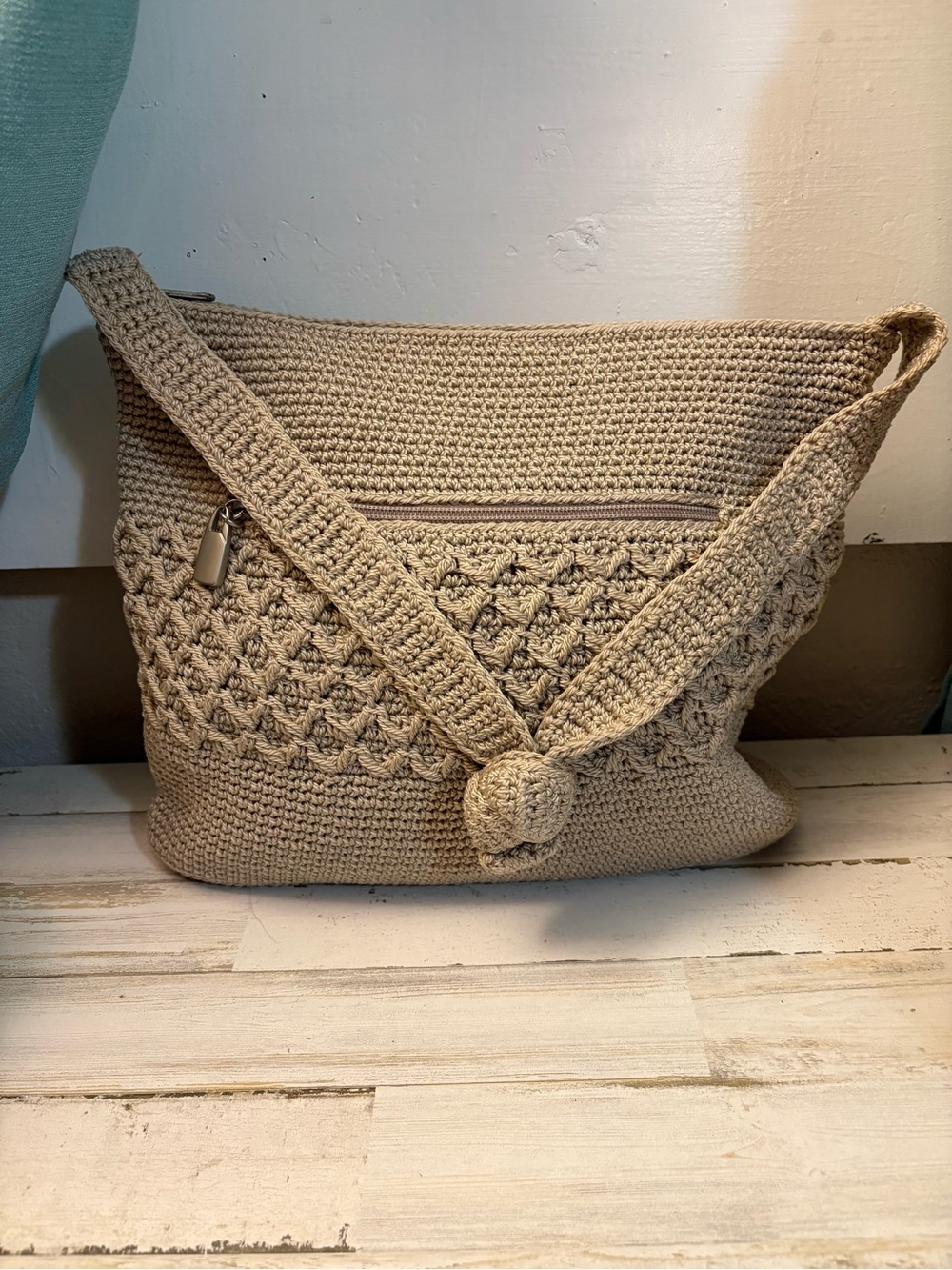 Worthington Beige Crochet Shoulder Bag with Front Zip
